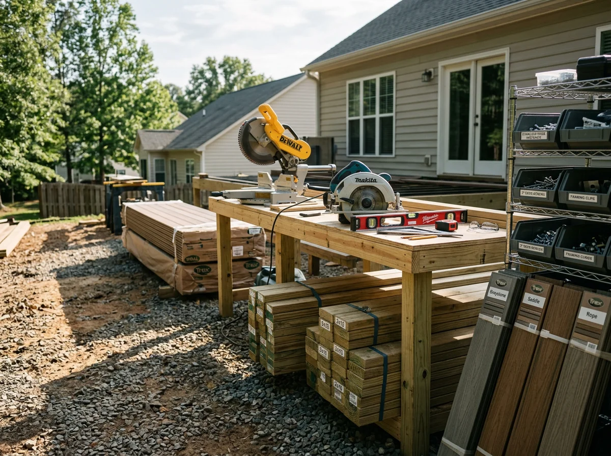 Construction crew and tools on a residential backyard project, showing materials and equipment ready for deck or patio installation.