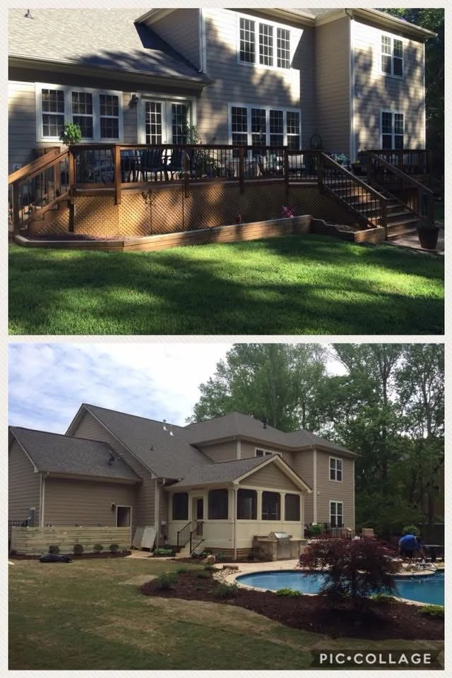 Multi-level composite deck with black metal railings and integrated stairs
