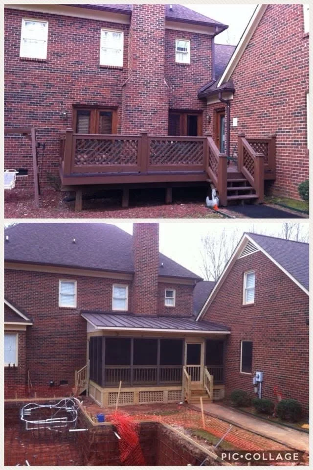 Wood deck with lattice skirting and screened porch attached to brick home