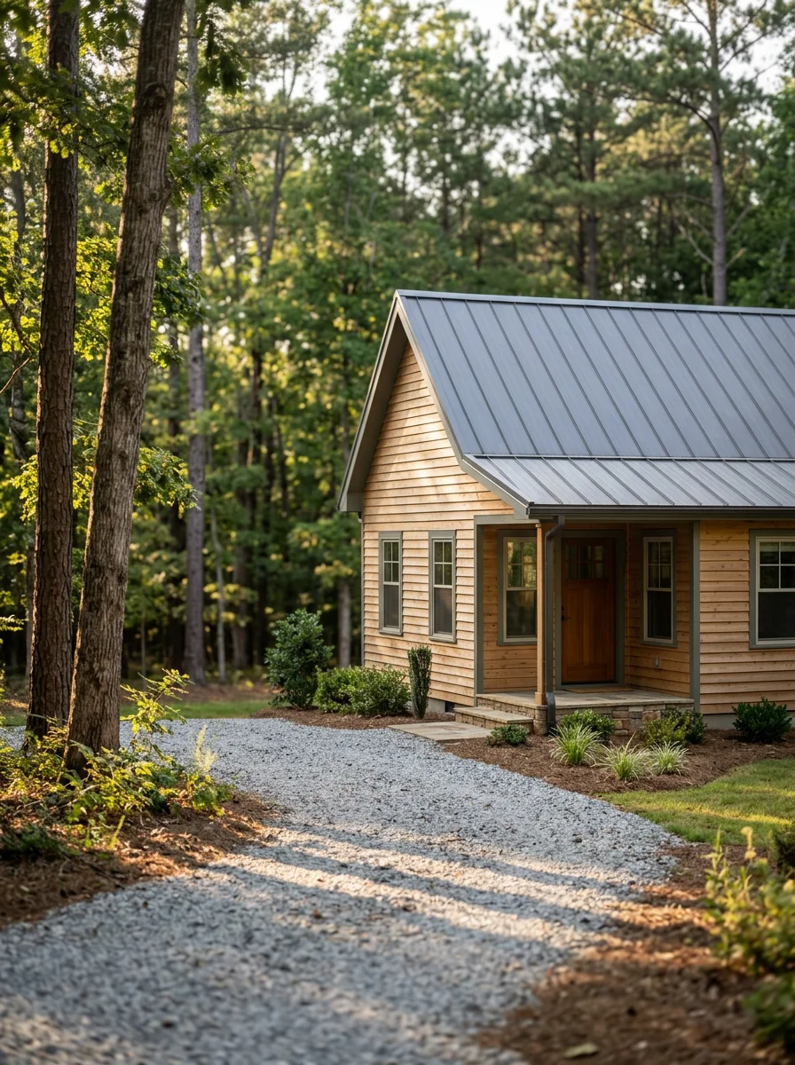A detached ADU structure on an acre lot in the Clover, SC area of York County, with a gravel path leading to the entrance.