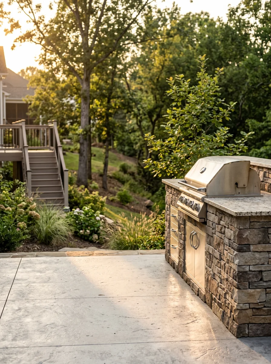 A covered outdoor kitchen with a concrete patio on a residential lot in the Waterside at the Catawba area of Fort Mill, SC.