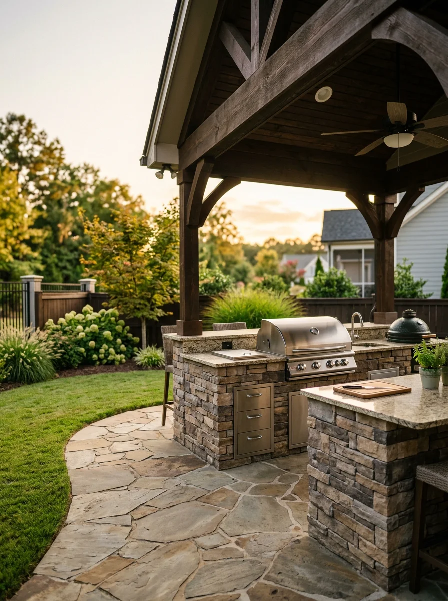 A covered patio with an outdoor kitchen on a subdivision lot in a master-planned Indian Land, SC community, with a privacy fence and manicured backyard.