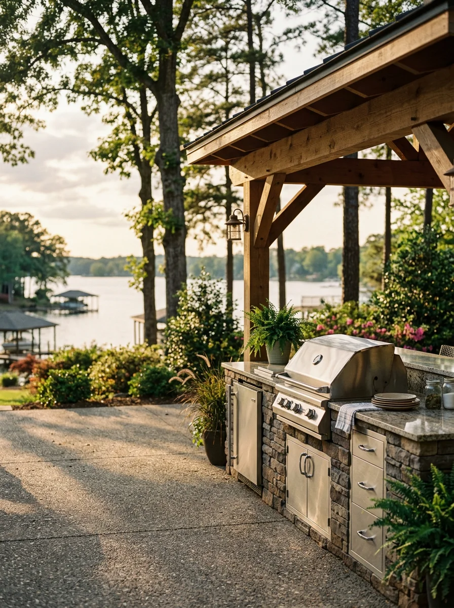 A covered outdoor kitchen with a concrete patio on a residential property in the Lake Wylie area of York County, SC.