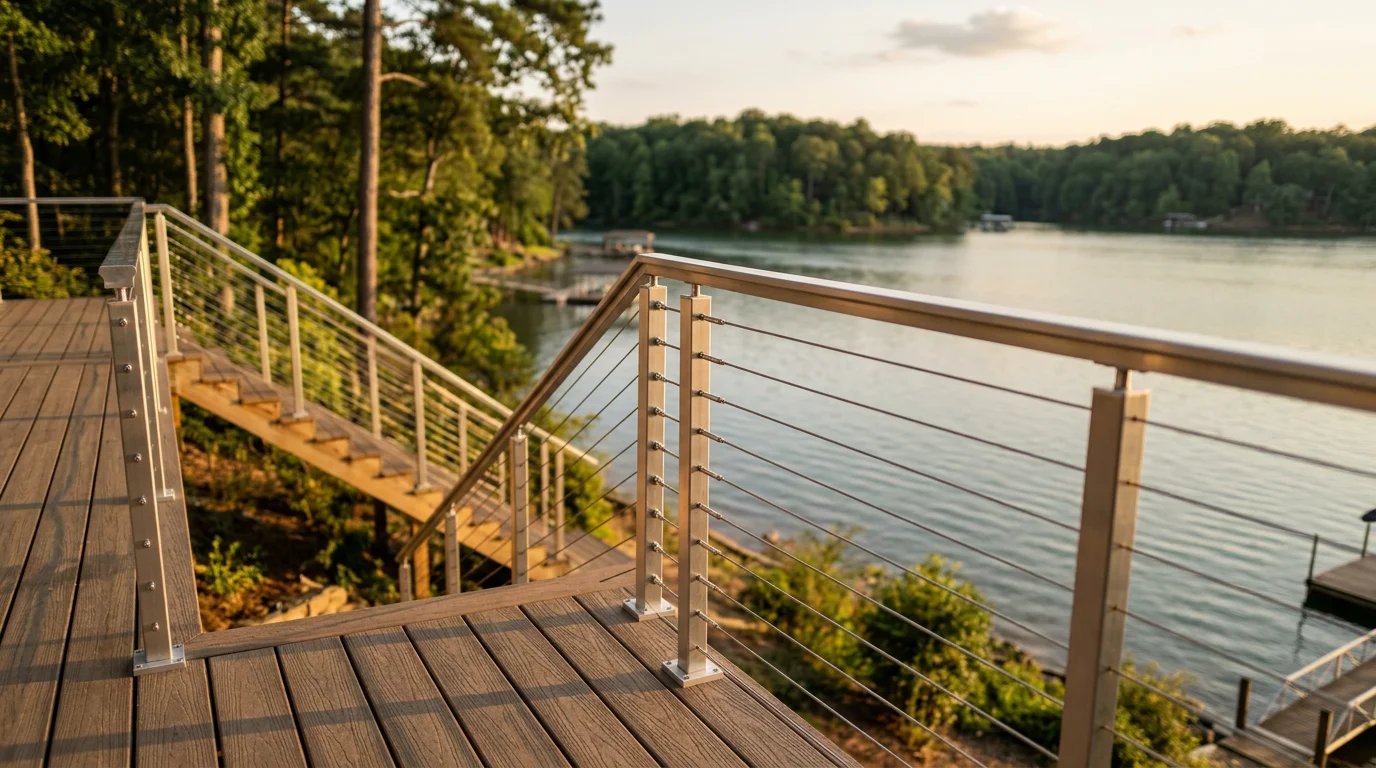 A wood deck with cable railing built on a sloped lakefront lot in Lake Wylie, SC, with the water visible in the background.