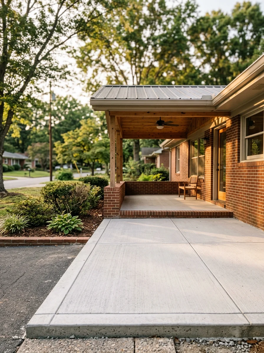 A concrete patio and covered porch addition on a mid-century ranch home in a Rock Hill, SC neighborhood near Winthrop University.