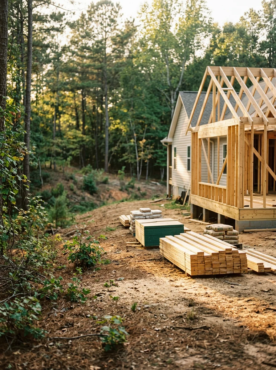 A new home addition under construction on a residential lot in a York, SC outskirt subdivision, with rolling wooded terrain in the background.