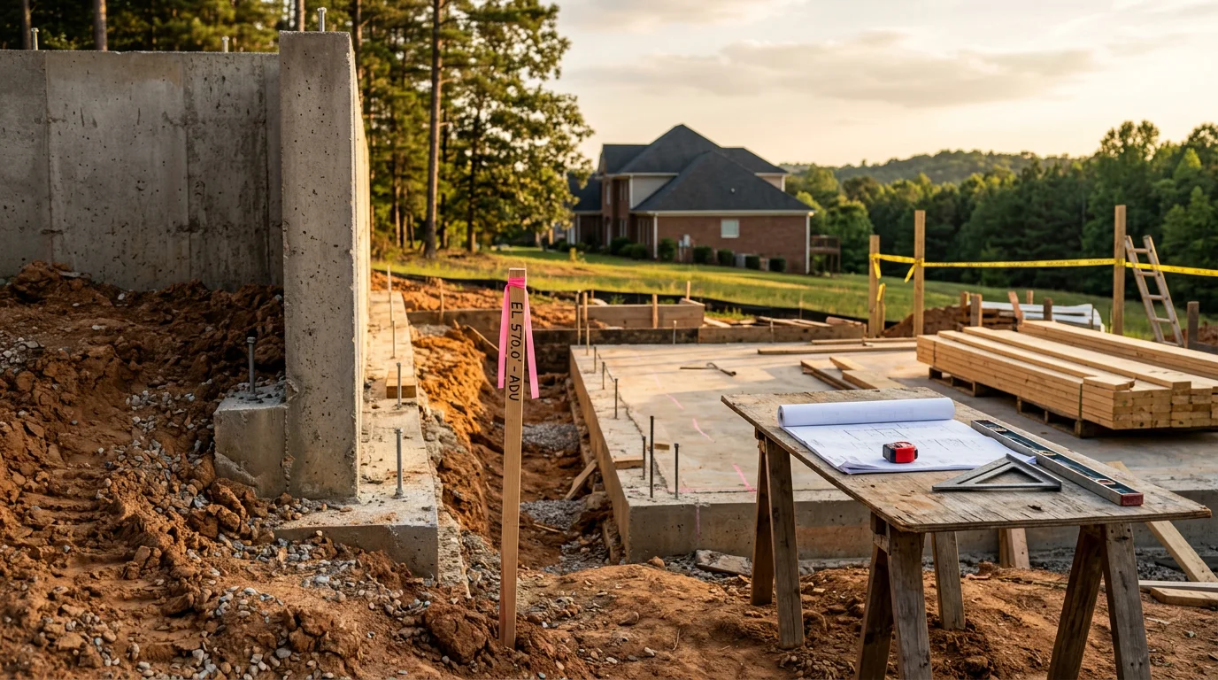 A newly constructed detached accessory dwelling unit with a covered entry and matching exterior finish, situated behind a single-family home on a wooded residential lot in the Lake Wylie area of York County, South Carolina.