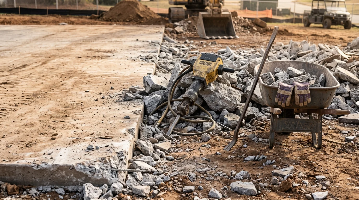A concrete slab being broken apart and removed from a residential property in Lake Wylie, South Carolina. Debris is staged for hauling with the cleared ground visible beneath.
