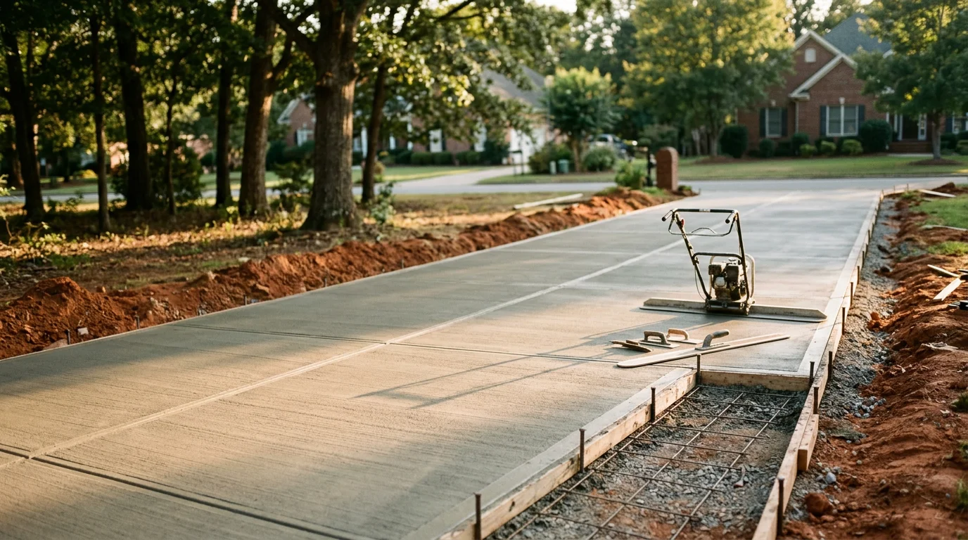 Freshly poured and finished concrete driveway at a residential home in Lake Wylie, South Carolina. The smooth, even surface extends from the street to the garage with clean form lines and no visible cracking.