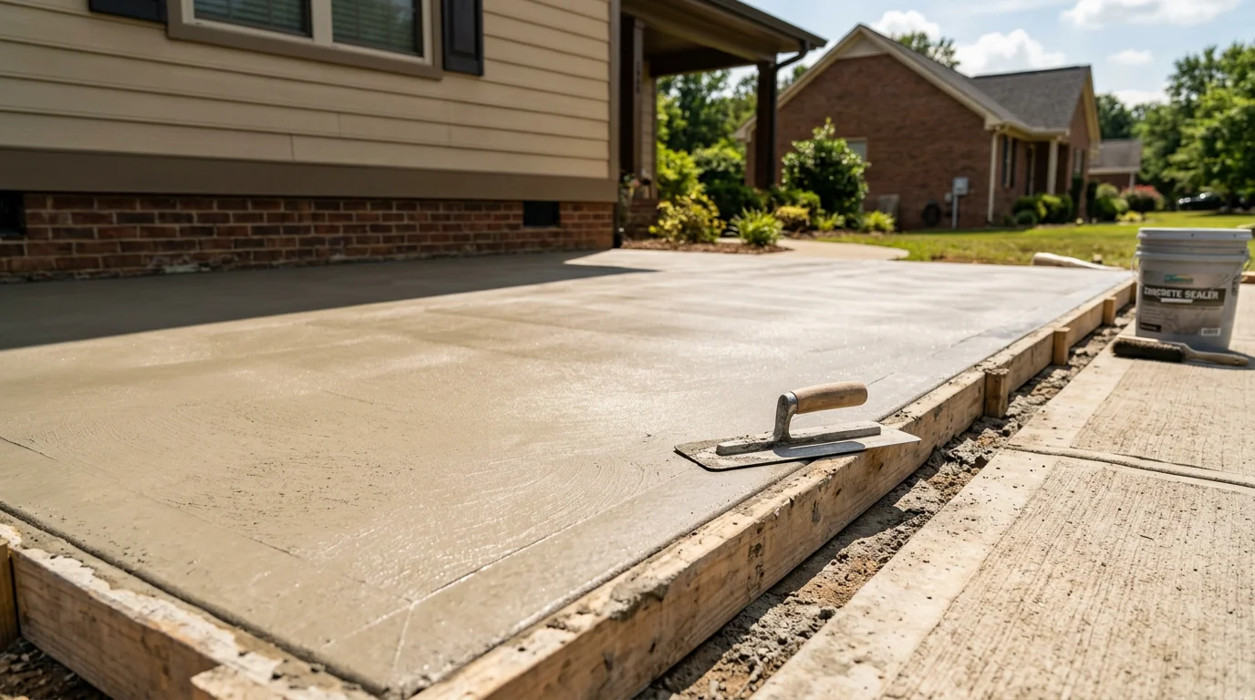 A freshly finished concrete slab with a broom texture on a residential property in Lake Wylie, South Carolina. The surface shows clean edges and a uniform texture suited for an outdoor walkway or structure base.
