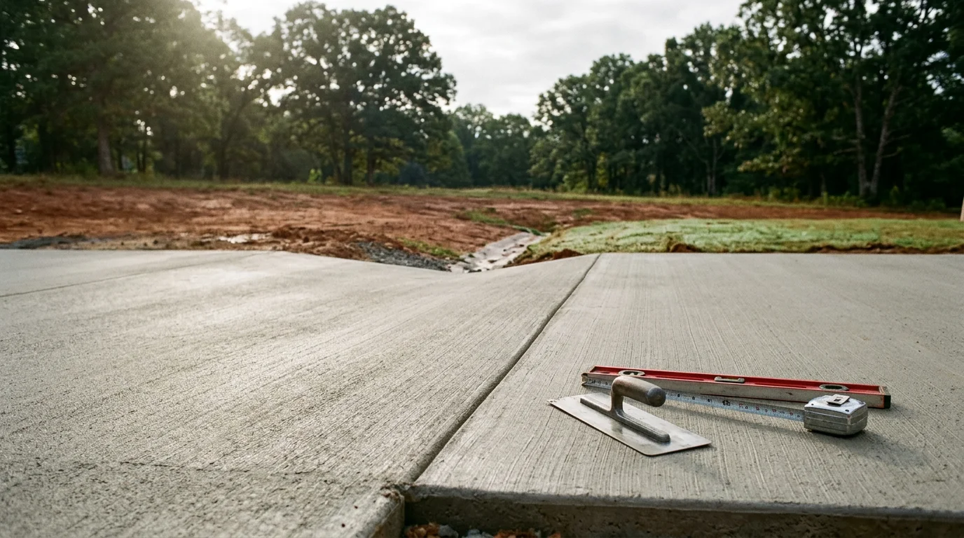A freshly poured and finished concrete patio behind a residential home in Lake Wylie, South Carolina, with clean formed edges and a broom-textured surface. The slab extends from the back door across a level yard with surrounding grass and mature trees typical of York County properties.