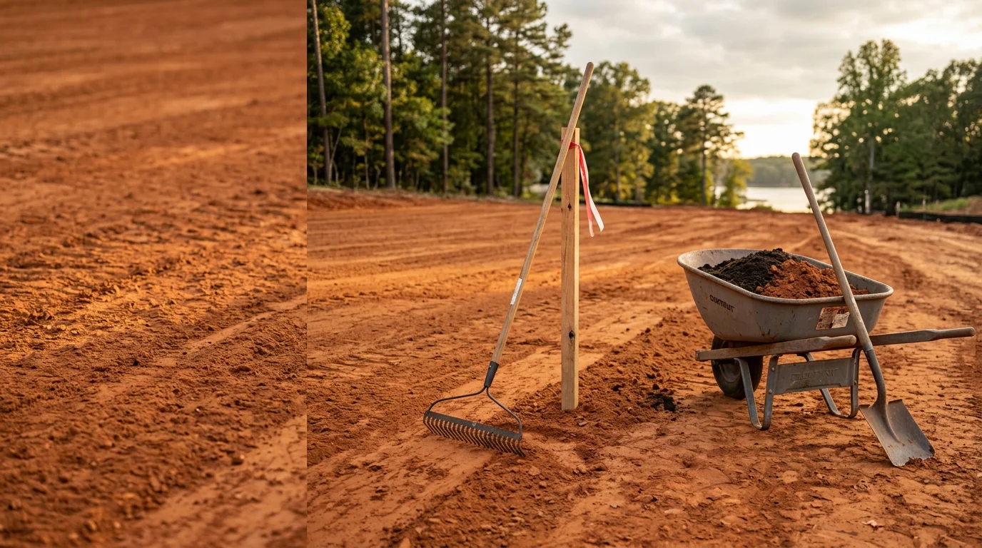 A freshly graded and compacted dirt lot in Lake Wylie, South Carolina, prepared for a concrete pour with clear slope and drainage visible across the site.