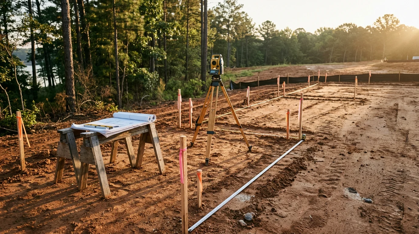 A newly completed custom home in Lake Wylie, South Carolina, with a site-specific layout set on a wooded residential lot. The exterior shows finished framing, roofline, and front elevation typical of custom construction in York County.