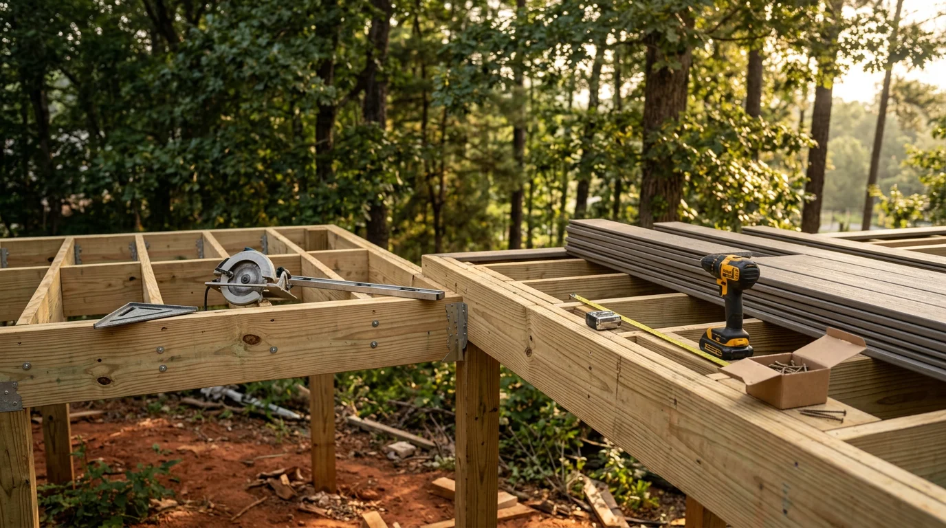 A newly constructed wooden deck attached to a residential home in Lake Wylie, South Carolina, with clean railing lines and a view of a landscaped backyard. The structure shows fresh framing and finished decking boards suited to the humid York County climate.