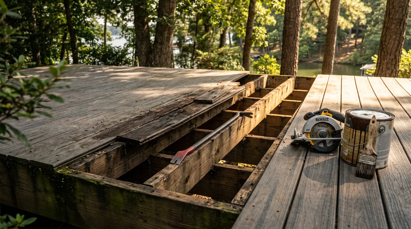 A repaired residential deck in Lake Wylie, South Carolina, showing replaced decking boards and re-secured railings on a backyard outdoor structure. Fresh lumber sections contrast with the existing weathered wood, showing targeted deck repair work completed by Spargo Construction Management.
