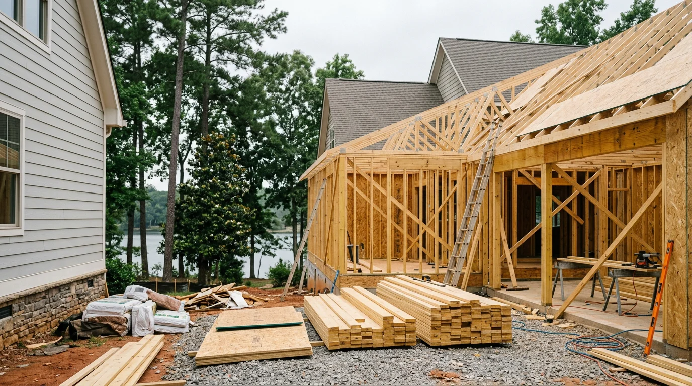 A newly completed single-story room addition attached to a residential home in Lake Wylie, South Carolina, showing framed exterior walls tied into the existing roofline with matching siding. The addition extends the home's rear footprint toward a wooded yard typical of York County properties.