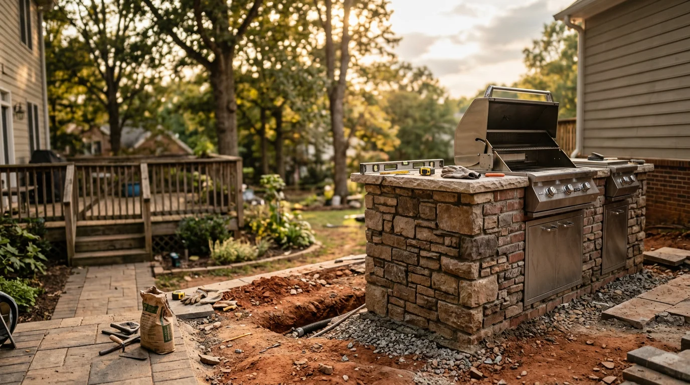 A completed outdoor kitchen installation in a Lake Wylie, SC backyard, showing a built-in grill station with stone or masonry surround and counter space. The structure sits on a finished patio base with the surrounding York County landscape visible in the background.
