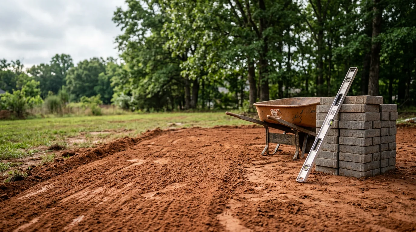 A finished concrete patio in a residential backyard in Lake Wylie, South Carolina, with clean edges and an open layout suited for outdoor seating. The surrounding yard shows the wooded, sloped terrain common to York County properties.