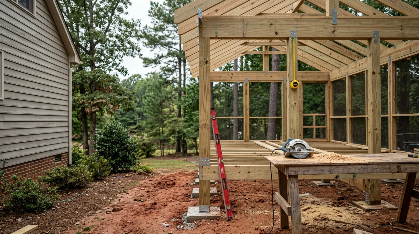 A newly built covered porch on a residential home in Lake Wylie, South Carolina, with a framed roof structure and screened panels overlooking a wooded backyard. The porch is attached to the rear of the home and sized for outdoor seating.