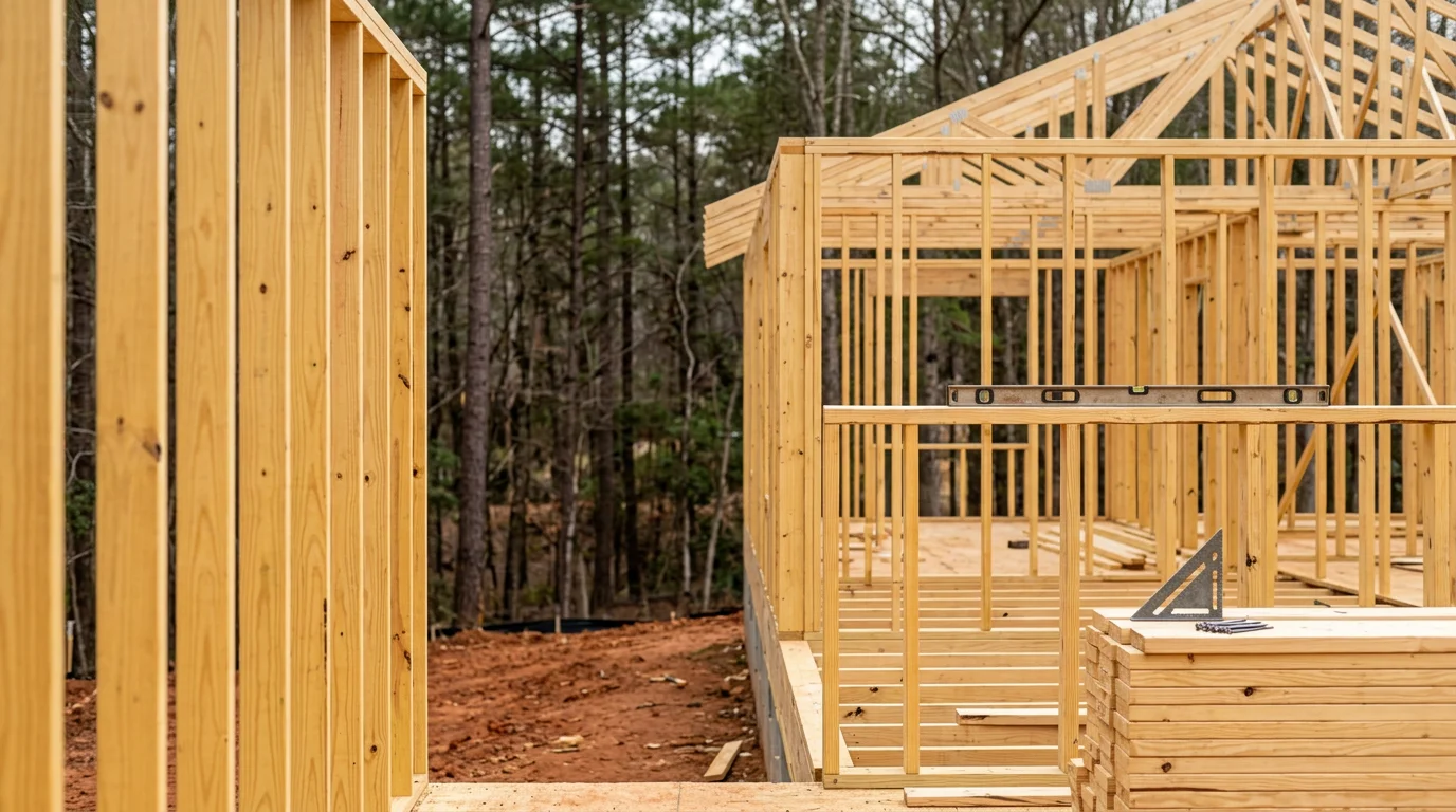 Residential wood framing in progress on a custom home build in Lake Wylie, South Carolina, showing wall studs, floor joists, and roof rafters against a wooded lot backdrop. The structural frame is complete and ready for rough mechanical trades and inspection.