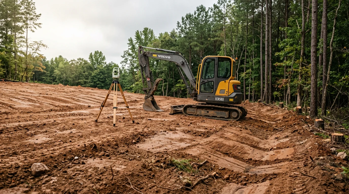 A graded residential lot in Lake Wylie, South Carolina with cleared land and shaped terrain ready for custom home foundation work. Surrounding wooded area and rolling York County landscape visible in the background.